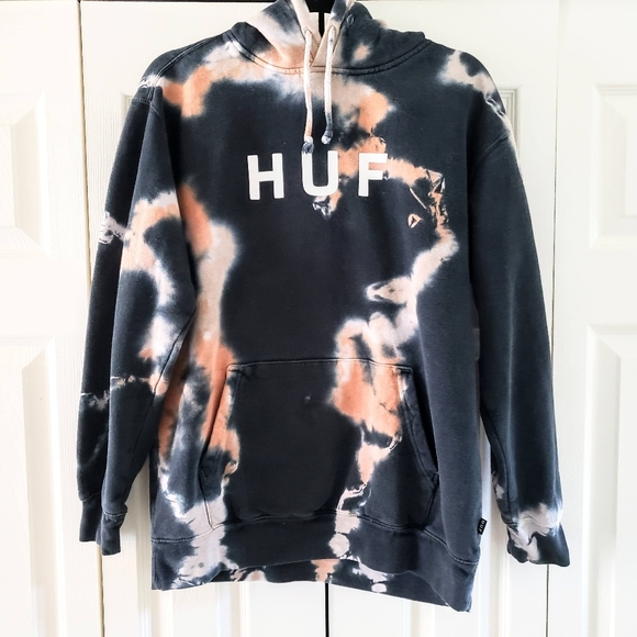HUF Tops - HUF Black & Peach Tie Dye Pullover Hoodie Medium